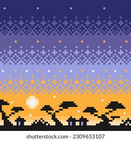 Illustration of a sunset or sunrise in the savannah. 8 bit old background for video games, animations, main menu. African desert landscape with silhouettes of sleepy huts and acacia trees. Pixel Art.