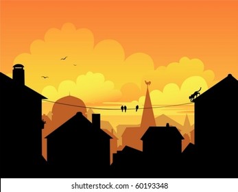 An illustration of a sunset with town silhouette.