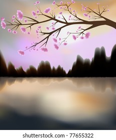 Illustration of sunset and tree in bloom