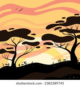  illustration of a sunset, sunset with tree, evening landscape with the sun setting behind the horizon, savanna