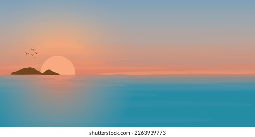 Illustration of sunset at tropical blue sea. Seascape sunset with skyline flat design have blank space for any wording advertisement.