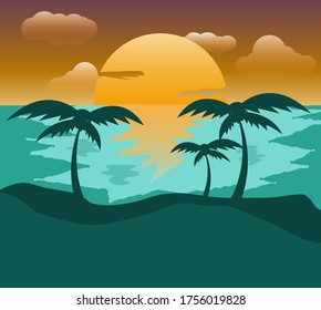 Vintage Tropical Landscape Palm Branches Seascape Stock Vector (Royalty ...
