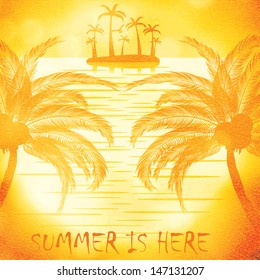 illustration of sunset view in beach with palm tree 