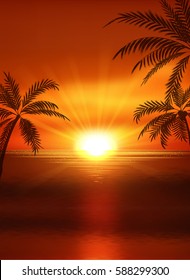 Illustration of sunset view in beach with palm tree. Tropical landscape. Vector background. Not trace. Sun setting into the sea.