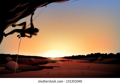 Illustration of the sunset view of the desert with a man climbing at the tree