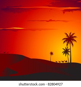 illustration of sunset view of desert with palm tree