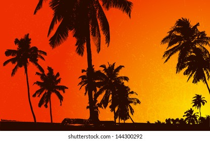 Illustration Of Sunset View With Plam Tree