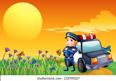 Illustration of a sunset view with a policeman and a car at the hill