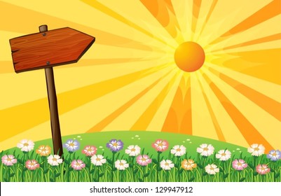 Illustration of a sunset with a wooden arrow board