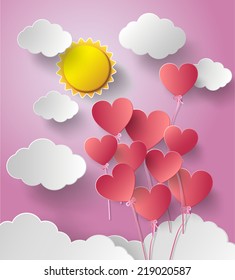 illustration  of  sunshine with balloon heart floating on air.paper art style.