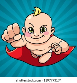 Illustration of super baby smiling while flying on abstract background.
