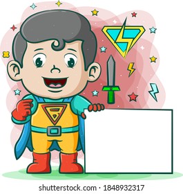 The illustration of the super electric boy with the blue cloak holding a white board