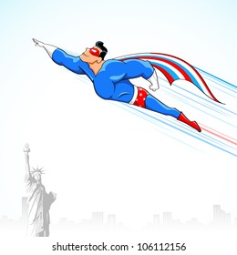 illustration of super hero in American flag costume flying above Statue of Liberty