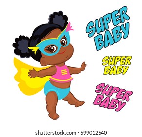 Illustration Super Hero Baby Girl, multicultural. Vector  isolated on white background.
