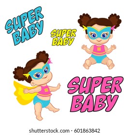 Illustration Super Hero Baby Girl in a standing and sitting position. Vector illustration isolated on white background.