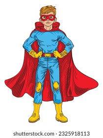 Illustration of super hero boy smiling happy while wearing red cape for copy space.