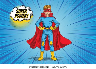 Illustration of super hero boy smiling happy while wearing red cape against ray light background for copy space.