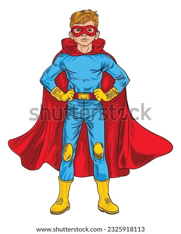 Illustration of super hero boy smiling happy while wearing red cape for copy space.