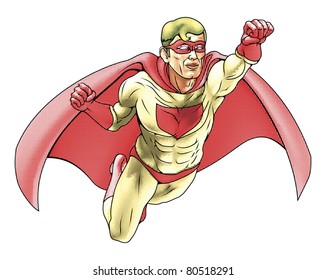 Illustration of  super hero dressed in red and yellow costume and cape flying. Has color haftone style for traditional comic book art look.