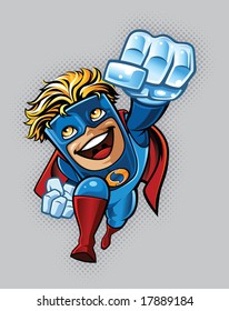 Illustration of a super hero flying through the air. Character is adorned with gloves, boots, cape and generic "S" emblem.