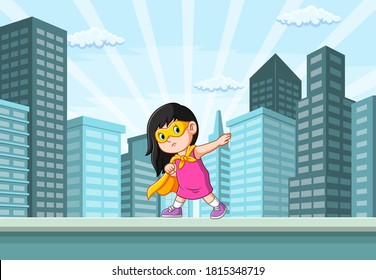 The illustration of the super heroes girl and posing in the city near the building