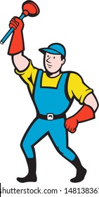 Illustration of a super plumber wielding holding plunger done in cartoon style on isolated background.