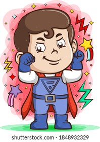 The illustration of the super red boy using the blue gloves with the electric power