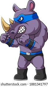 The illustration of the super rhino with boxing pose and wearing blue mask