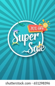 Illustration of Super Sale Vector Poster with Sunburs Lines on Background. Bright Sale Flyer Template
