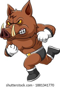 The illustration of the super wild boar wearing white gloves and style with running pose
