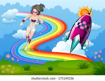 Ilustración de un superhéroe sobre el arco iris y un cohete