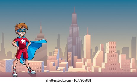 Illustration of a superhero boy smiling happy while wearing blue cape against city background as copy space.