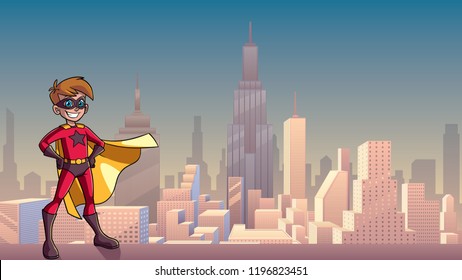 Illustration of superhero boy smiling happy while wearing cape against city background as copy space.