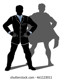 An illustration of a superhero businessman standing with hands on hips with shadow in shape of a caped super hero.