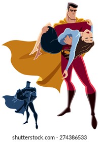 Illustration of superhero carrying woman in his arms. No transparency and gradients used. 