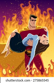 Illustration of superhero carrying woman in his arms. No transparency and gradients used. 