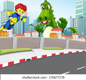 Illustration of a superhero and a crocodile in the city