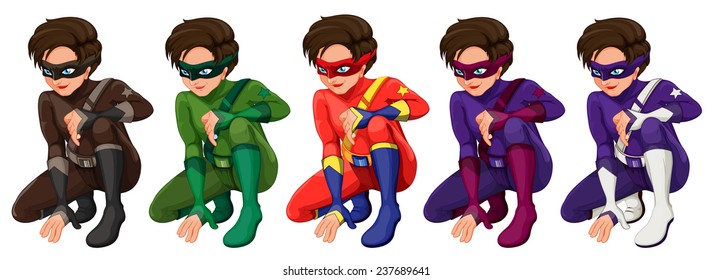 Illustration of superhero in different color costumes