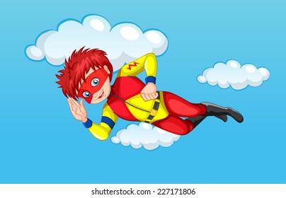 Illustration of superhero flying in sky