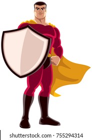 Illustration Of Superhero Holding Big Shield On White Background. 