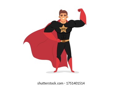 Illustration of Superhero with the red cloak. Vector flat illustration