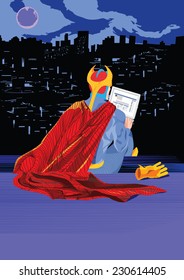 An illustration of superhero, sitting on the roof of the skyscraper and having fun with a social network in his laptop.