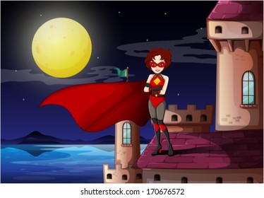 Illustration of a superhero standing above the castle