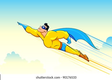 illustration of superhero wearing cape flying in sky