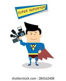 Illustration superman reporter in flat design isolated on white background. Vector Superhero reporter. Super live report concept,  journalists with microphones and tape recorders and camera