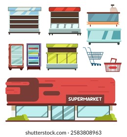 illustration of supermarket building with product display cases, shopping cart and basket Ideal for advertising grocery stores and retail concepts