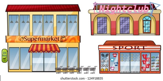 Illustration of a supermarket, night club and sport shop on a white background