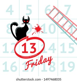 Illustration of superstition on Friday the 13th with black cat in calendar background