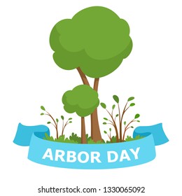 Illustration in support of environmental protection. Two green trees and a blue ribbon with the text "Arbor Day". The concept of environmental issues. Flat vector illustration isolated on white - Powered by Shutterstock - Get 15% off with code: PIKWIZARD15