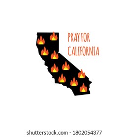 Illustration in support of the southern California after a wildfires. Map of California state, flame and text California